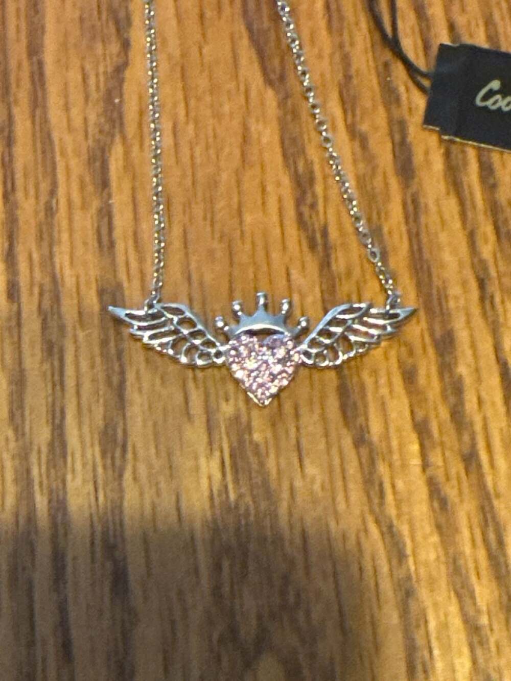 Cookie Lee Silver Tone Pink Rhinestone Heart with Wings and Crown Pendant Neckla